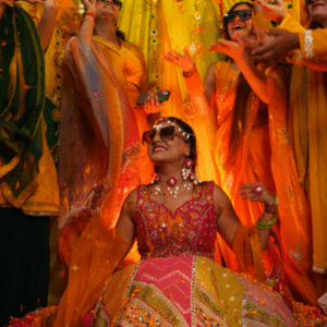 Bride enjoying flower shower during haldi ceremony celebration