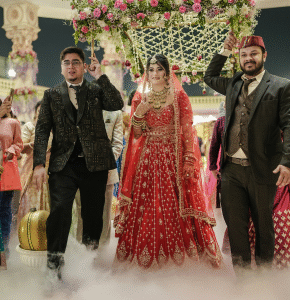 Bride and family walking together during wedding event