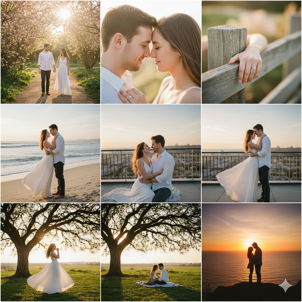 Nine cinematic engagement poses in various outdoor settings: garden, beach, and sunset silhouette, all captured during golden hour.
