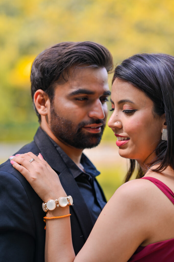 Emotional close-up portrait of couple during pre wedding photography